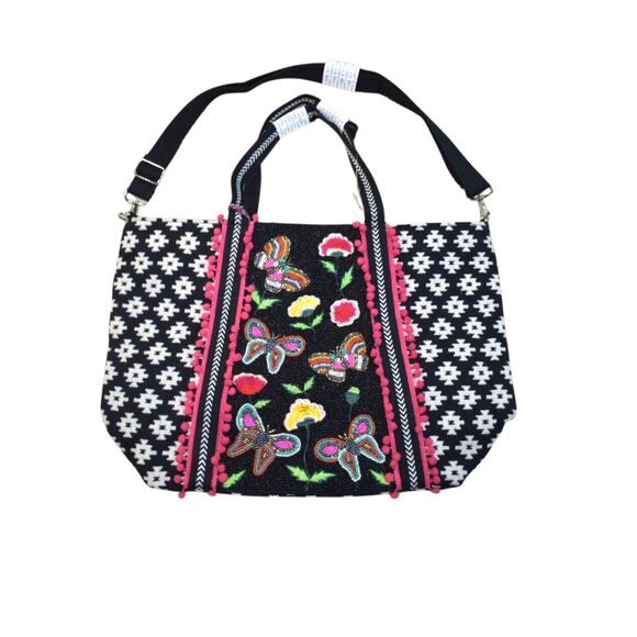 Handbags - American & Beyond Beaded Butterfly Tote Bag Black White Embellished Carryall